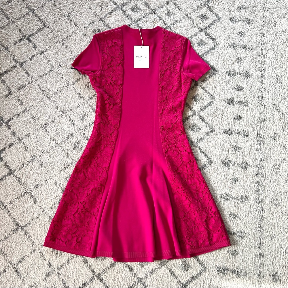 Valentino Brand New Pink Fuchsia Lace Panel Knit Stretch Dress - Picture 7 of 8